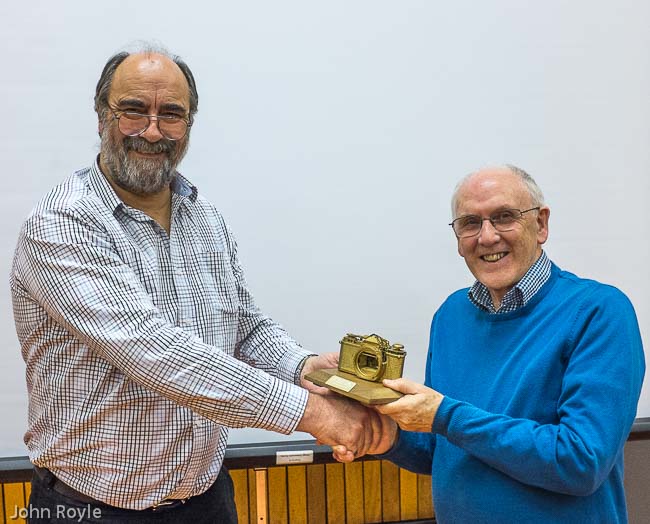 Judge Steve Carr presents the Trophy to Crewe PS Secretary, Tom Seaton